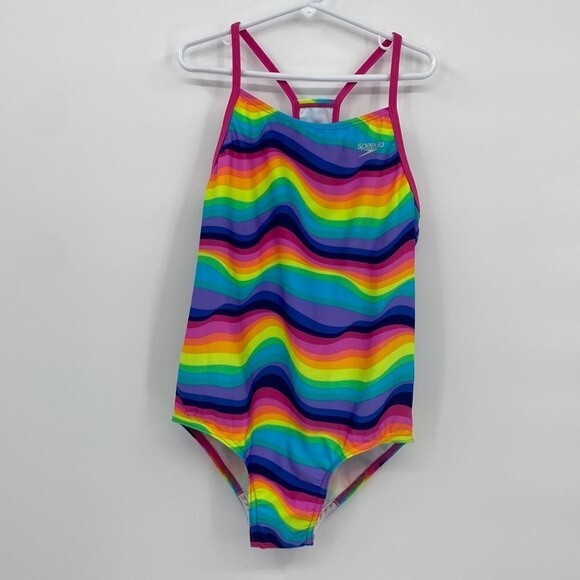 Speedo Girls Stretch Rainbow 🌈 Square Neck Sleeveless One-Piece Swimsuit Large - Picture 1 of 7
